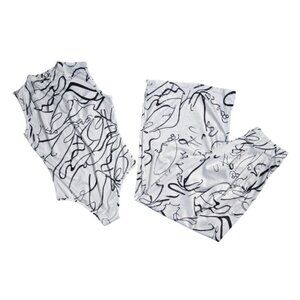 NWOT White & Black Abstract 2-Piece Set | Mock Neck Bodysuit | Wide Leg | Large